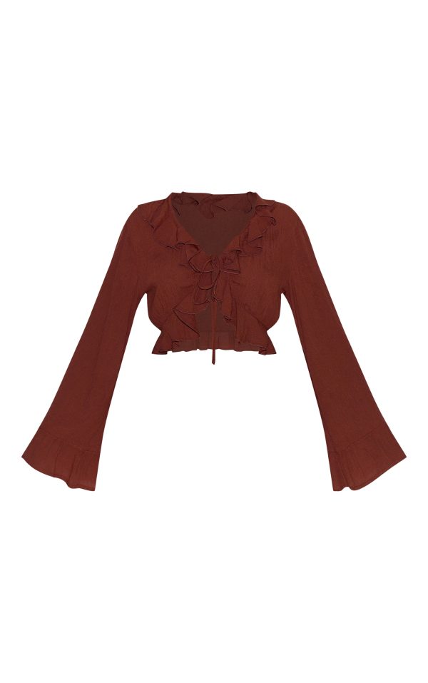 6fff8e43fcceba7c779f83e58ade6d43b0e39dd7_CNM3968_5_petite_chocolate_cheesecloth_ruffle_tie_front_long_sleeve_top