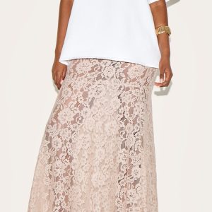Taupe Floral Lace Sheer Maxi Skirt