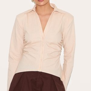 Beige Linen Blend Shoulder Padded Fitted Shirt