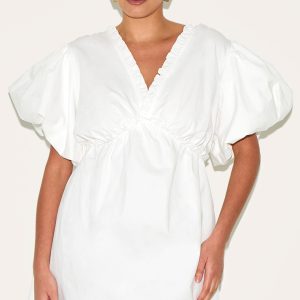 Plus White Cotton Gathered A-line Dress