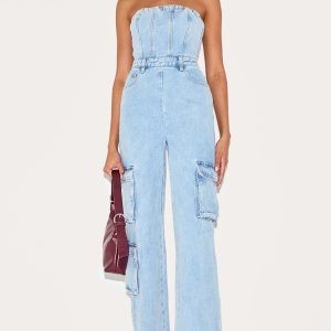 Light Blue Wash Cargo Pocket Bandeau Denim Jumpsuit