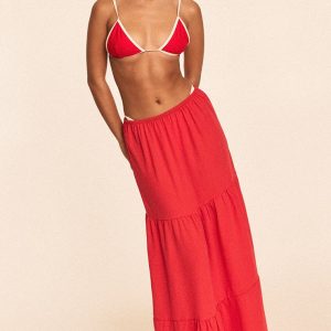 Red Linen Look Tiered Maxi Beach Skirt