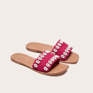 Pink Round Toe Stitch Detail Shell Strap Mule Sandals