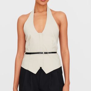 Stone Bengaline Belted Halterneck Long Top