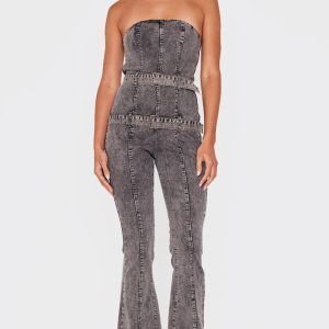 Washed Grey Buckle Detail Straight Leg Denim Jumpsuit