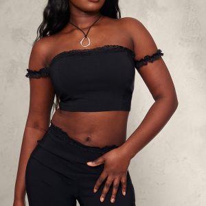Black Stretch Woven Lace Detail Off The Shoulder Crop Top
