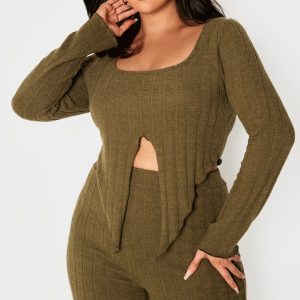 Plus Khaki Soft Touch Ribbed Long Sleeve Top