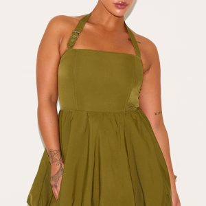 Plus Khaki Buckle Detail Halterneck Puffball Mini Dress