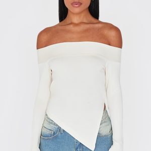 Cream Premium Soft Touch Fold Bardot Asymmetric Top