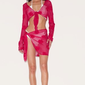 Red Textured Flower Trim Beach Sarong