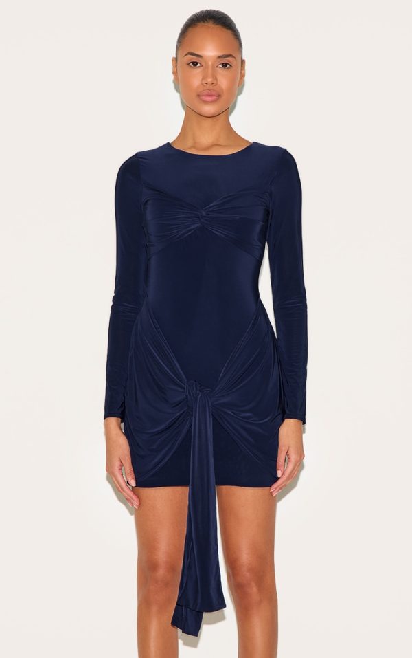 718128f7797acfb249e25cf79db8e79976dffac6_CNM7230_2_navy_slinky_long_sleeve_wrap_bust_twist_detail_mini_dress-1