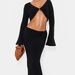 Black Stripe Textured Knit Maxi Skirt