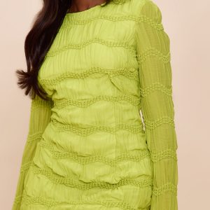 Lime Textured Long Sleeve Boat Neck Mini Dress