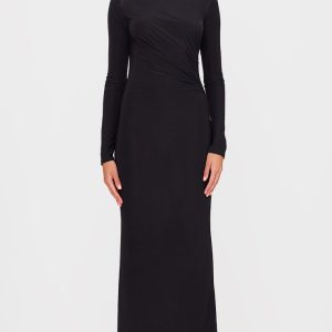 Black Slinky Long Sleeve Maxi Dress