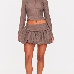 Brown Check Puff Mini Skirt