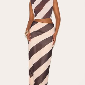 Cream Sheer Stripe Chiffon Maxi Skirt