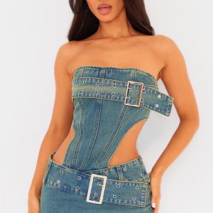 Petite Indigo Blue Wash Denim Buckle Detail Cut Out Mini Dress