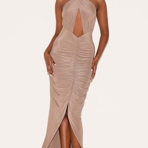 Mushroom Double Layered Cut Out Ruched Maxi Dress