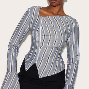 Blue Striped Asymmetric Hem Top