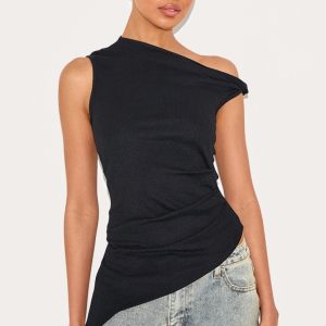 Black Textured Rib Twist Detail Asymmetric Longline Top