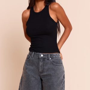 Petite Washed Grey Low Rise Baggy Boyfriend Shorts