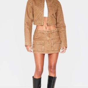 Brown Cargo Pocket Detail Denim Mini Skirt