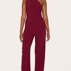 Wine Stretch Woven One Shoulder Ruched Flared Jumpsuit