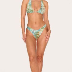 Green Mottled Print Halter Neck Bikini Top