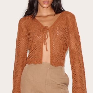 Rust Crochet Tie Front Cardigan