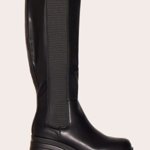 Black Pu Chunky Chelsea Heeled Knee High Boots