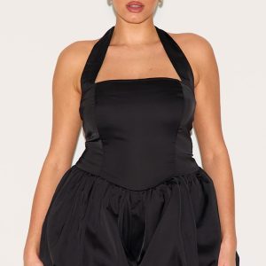 Plus Black Satin Halter Neck Puffball Playsuit