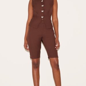 Chocolate Brown Contrast Velvet Mini Bow Detail Capris
