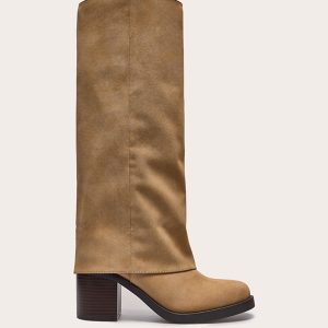 Taupe Faux Nubuck Round Toe Fold Over Low Block Heel Boots