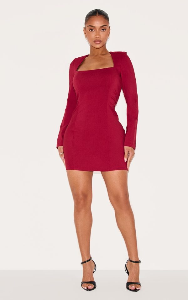 732168f595f355f45a7ef2851279c66290447b22_CNM0958_3_shape_berry_stretch_woven_square_neck_long_sleeve_ruched_waist_mini_dress-1