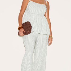 Plus Sage Green Woven Textured Striped Straight Leg Trousers
