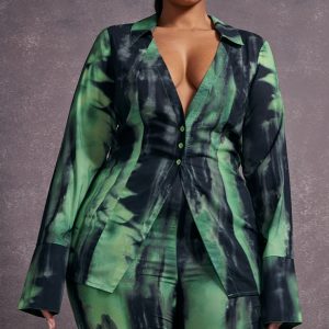 Plus Green Grunge Print Chiffon Fitted Shirt