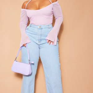 Plus Lilac Mesh Sleeve Halter Neck Bodysuit
