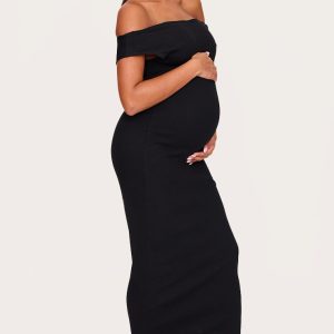 Maternity Black Bardot Ribbed Sleeveless Maxi Dress