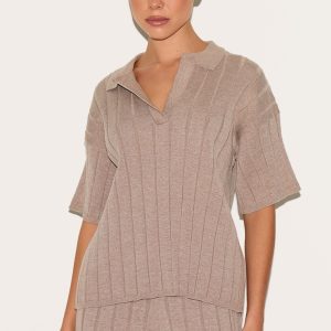 Mocha Rib Knit Oversized Polo Top