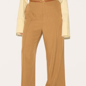 Plus Brown Tailored Thick Belted Waistband Detail Wide Leg Trousers