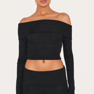 Black Rib Bardot Longline Foldover  Top
