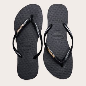 Black Havaianas Slim Logo Metallic Flip Flops