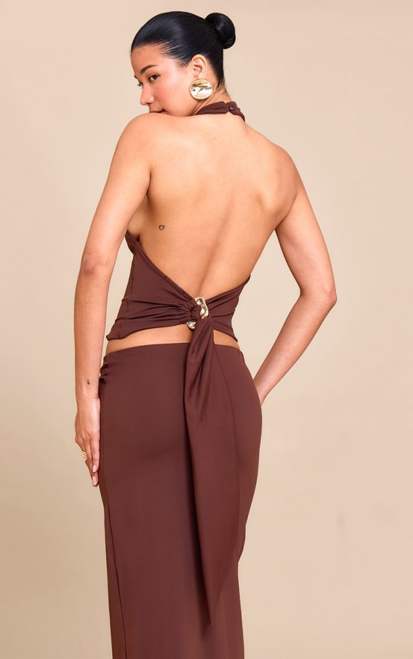 74108d06e5d04612de5368e108d0918461e49810_CNN0910_2_chocolate_brown_matte_sculpt_halterneck_gold_detail_backless_top