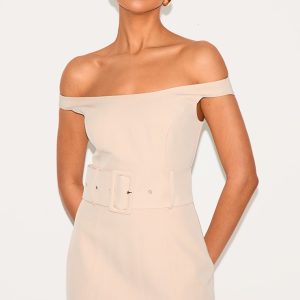 Almond Woven Off Shoulder Belt Detail Mini Dress