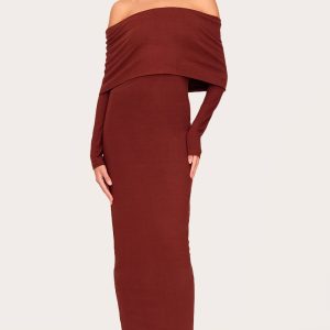 Chocolate Cotton Super Oversized Bardot Maxi Dress