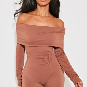 Petite Chocolate Contour Jersey Foldover Bardot Playsuit