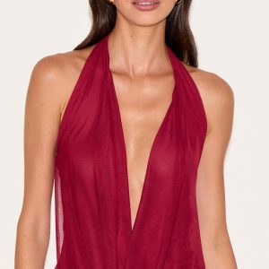 Deep Red Mesh Halter Neck Top