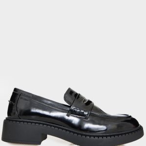 Black PU Round Toe Trim Loafers