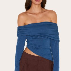 Petrol Blue Contour Jersey Fold Over Detail Bardot Long Sleeve Top
