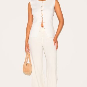 Tall Oatmeal Soft Textured Knit Drawstring Wide Leg Trousers